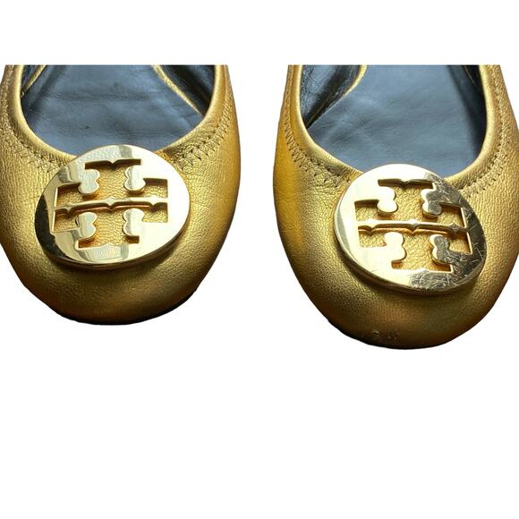 Tory Burch Reva Gold Leather Ballet Flats Women’s Shoes Logo Medallion 7.5 - Picture 9 of 12